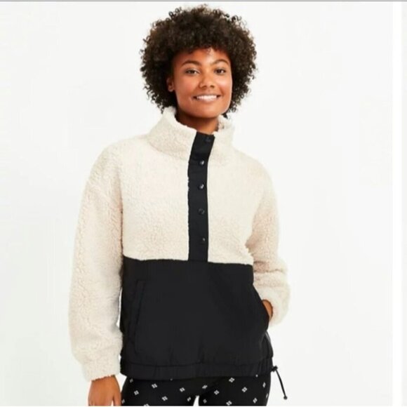 Lou & Grey Faux Sherpa Pullover 1/4 Snap Sweatshirt Size XL Ivory Black - Picture 1 of 12